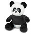 A cuddly panda plush toy featuring a black and white design and wearing a black shirt, with a friendly expression.