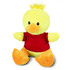 A soft, yellow duck plush toy wearing a red shirt, featuring orange feet and a tuft of hair on its head.