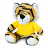 A plush tiger toy with orange and black stripes, wearing a yellow shirt, seated and smiling. It has a branded logo.