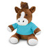 A brown horse plush toy with a white snout and paws, wearing a turquoise shirt, featuring a logo on the shirt.