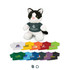 A plush cat toy with a white and black face, wearing a green shirt featuring a logo, surrounded by various colourful shirts.