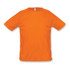 An orange sporty men’s T-shirt with short sleeves and a logo on the neck.