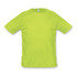 A bright green mens t-shirt featuring a crew neck and short sleeves, with a logo on the front.