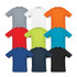 A collection of SOLS Sporty mens t-shirts in various colours: grey, white, orange, red, green, teal, blue, navy, and black. Each shirt features a logo.