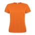 An orange sporty women's T-shirt with a round neck and short sleeves, featuring a logo.
