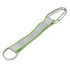 A grey reflector key ring with a green strap and a silver carabiner clip. Features a circular metal ring.