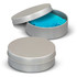 A silver tin with a lid partially open, revealing blue stress putty inside. Another closed tin is beside it.