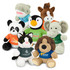 A variety of assorted plush toys including a panda, elephant, dog, and horse in different colours and shirts.
