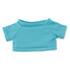 A turquoise plush toy top, featuring short sleeves and a rounded neckline, laid flat against a white background.