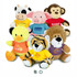 A collection of assorted plush toys featuring a cow, pig, duck, monkey, tiger, and lion, each wearing colourful shirts.