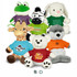 A collection of assorted plush toys including a frog, zebra, rabbit, giraffe, bear, and wolf, each wearing colourful shirts.