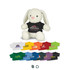 A white rabbit plush toy wearing a black t-shirt with a logo, surrounded by various colourful t-shirts in different shades.
