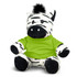 A plush zebra toy dressed in a bright green shirt, featuring black and white stripes and a tuft of black fur on its head.