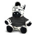 A plush zebra toy with black and white stripes, wearing a grey hoodie, featuring a tuft of black hair on its head.