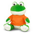A green plush frog toy wearing an orange shirt, sitting with its legs extended and a friendly expression.