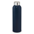 A drink bottle in a dark blue finish with a silver stainless steel lid and a sleek, cylindrical design.
