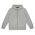 A grey unisex hoodie with a zip front, drawstring hood, and front pockets. It features a logo on the label.