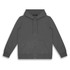 A grey unisex hoodie with a front zipper, drawstring hood, and two side pockets. It features a logo on the design.