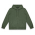 A green unisex hoodie featuring a zip front, drawstring hood, and front pockets. It also has a logo.