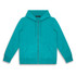 A turquoise unisex hoodie featuring a front zipper, drawstring hood, and front pockets. It includes a logo.