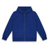 A blue unisex hoodie featuring a zip front, hood, and front pockets. It has a branding logo.