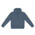 A unisex hoodie in a muted blue hue, featuring a front pocket and a hood, with a logo on the chest.