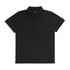 A black women's polo shirt with a classic collar and button placket, featuring short sleeves and a logo.