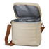 A beige cooler bag with a grey insulated interior and a brown strap; it has an open top and a front pocket.