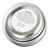 A silver lip balm tin with a round shape, showing a label with ingredient details on the top.