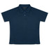 A navy blue women's polo shirt with short sleeves and a collar, featuring a logo.