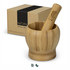 A bamboo mortar and pestle set in a natural wood finish, accompanied by a branded box.