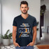 A men's navy T-shirt with a V-neck design featuring a graphic pattern and a logo.