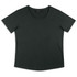 A black women's t-shirt with a round neckline and short sleeves, featuring a logo on the inner tag.