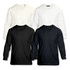 A collection of long sleeve crew shirts in black, white, and light cream colours, featuring various styles.