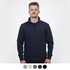 A navy unisex quarter zip jumper featuring a standing collar and ribbed cuffs, accompanied by colour swatches below.