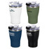 A drink bottle set featuring four insulated vacuum cups in white, olive green, navy blue, and black, each with a lid and logo.