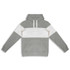 A grey and white unisex hoodie featuring a hood and front pocket, with a branding logo.