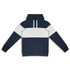 A navy and white unisex hoodie featuring a solid design, a kangaroo pocket, and a hood with drawstrings.