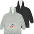 Two hoodies, one light grey and one black, featuring a front pocket and a decorative logo on the grey hoodie.