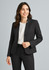 A black women's cool stretch short jacket with reverse lapel, styled with a white top and black trousers.