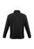 A black polar fleece jacket featuring a collar and long sleeves, with a simple design and branding on the back.