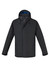 A dark grey rain jacket featuring a hood and zip pockets, with a blue inner lining and a noticeable logo.