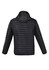 A unisex soft shell jacket in black with a hood and a quilted design. It features a logo branding.