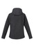 A women's soft shell jacket in dark grey with a textured pattern and a hood, featuring a logo.