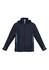 A navy jacket with a hood and light blue accents, featuring an open front and long sleeves.