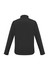 A black soft shell jacket with a high collar and long sleeves, featuring a logo on the back.