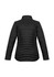 A black puffer jacket with a high collar and textured stitching, featuring a logo on the back.