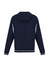 A navy soft shell jacket with a hood and white detailing, featuring a logo on the back side.