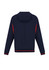 A men's soft shell jacket in navy with red accents and a hood, featuring a logo on the side.