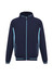 A soft shell jacket in navy blue with light blue accents and a zip-up front, featuring pockets and a logo.